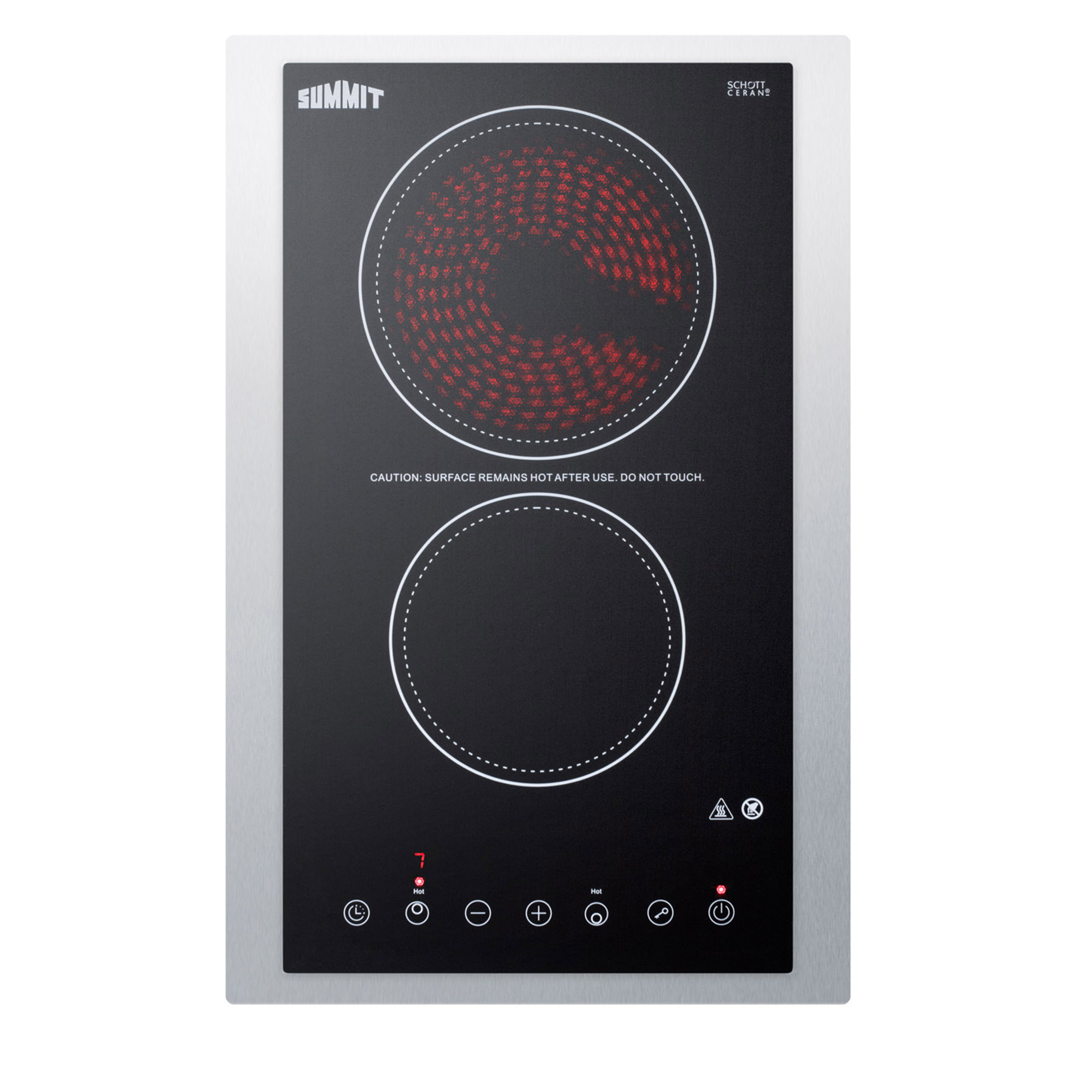 230V 2-burner cooktop in black ceramic Schott glass with digital touch controls and stainless steel frame to allow installation in 15